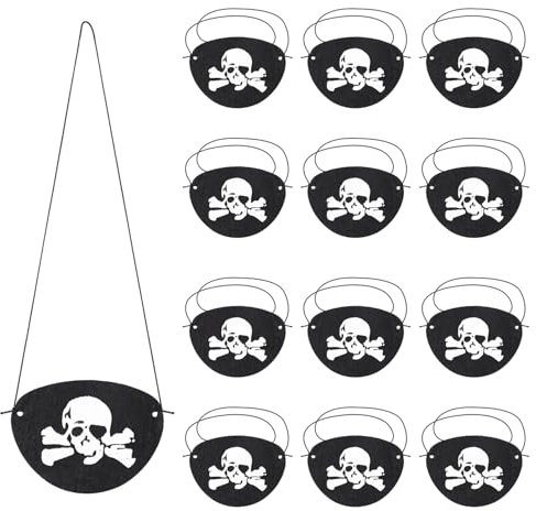 NQEUEPN 12St Piraten Augen Patches, elastische Filz-One Lidschatten, bequeme Augenmasken für Kinder Erwachsene, Halloween Piraten Thema Party Cosplay Rollenspiel (Totenkopf, Kreuz Knochen)