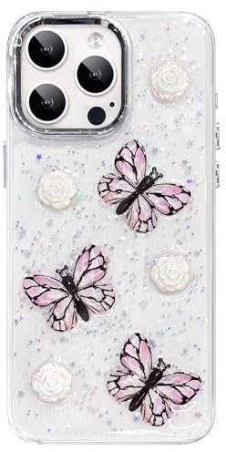 UEEBAI Case for iPhone 13 Pro Max, Clear Soft Pretty Cute Glitter Bling 3D Butterfly TPU Phone Case Slim Airbags Corners Non-Yellowing Shockproof Protective Bumper Silicone Cover for Women Girls, Pink
