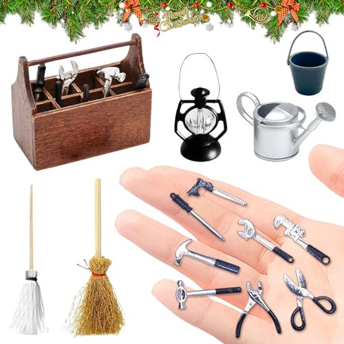 14 Stück Miniatur Wichtel Zubehör Weihnachten, Wichtel Baustelle mit Werkzeug, Mini Wichtel Werkzeugkasten