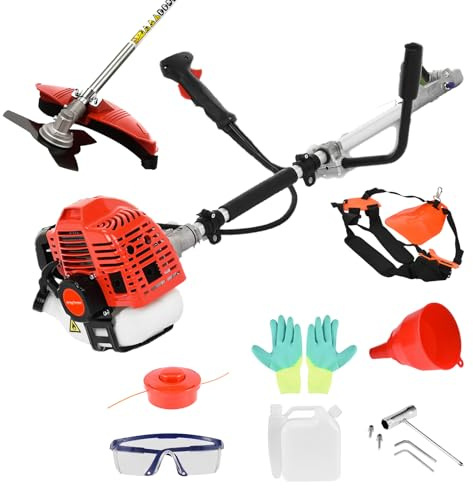 Gas-Saitentrimmer-Rucksack, 52cc 2-Takt-Unkrautvernichter gasbetriebener Rasenmäher, 2-in-1 Akku-Heckenschere, Freischneider, Rasentrimmer, Handheld-Unkrautfresser, Unkrautschneider, Hofwerkzeug (Rot
