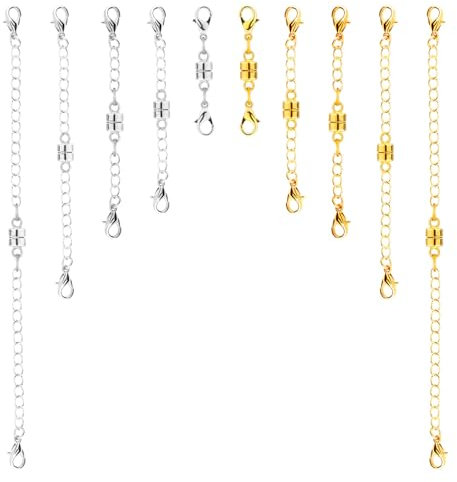 10pcs Magnetic Necklace Clasps, Double Clasp Magnetic Necklace Extenders Adjustable Lobster Clasp Necklace Extender Extension Safety Chains for Bracelet Anklet Jewelry Making