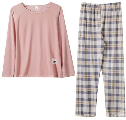 Pigiama Donna Cotone Leggero Set autunnali da donna, pigiama scozzese girocollo casual, vestibilità ampia, 2 pantaloni larghi da casa con tasca Tuta Pigiama Donna Cotone Pigiama Estate Donna (Pink, L)