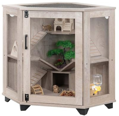 unipaws Chinchilla Cage with Ramp and House, Hedgehog Enclosure, Critter Nation for Ferret, Mice, Rat, Reptiles, Clear Acrylic Corner Small Animal Cage | Corner cage for small animals, clear acrylic door, water bottle slot, top ventilation