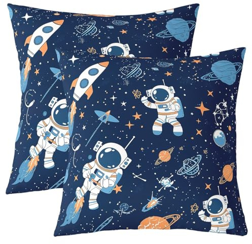 Loussiesd Astronaut Kissenbezüge 40x40cm Kinder Weltraum Kissenbezug Sonnensystem Galaxie Weltraum Rakete 3D gedruckt Raum Kissenhülle Weich Blau Dekokissen Zimmer Dekor