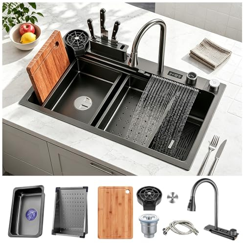 Fregadero de cocina de 1 seno, fregadero empotrable negro de 80 x 45 cm, fregadero tipo cascada, fregadero grande, fregaderos de cocina para encimera, indicador de temperatura del agua, con