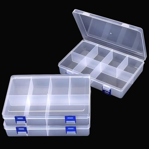 3 Stück Sufbewahrungsbox mit 8 Fächern, Plastik Sortierbox für Kleinteile, Einstellbar Sortimentskasten, Plastik Aufbewahrungsbox Schmuck, Transparent, 19,5 x 12,5 x 4,5 cm, für Perlen, Ohrring