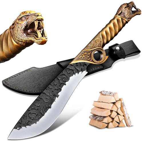 Purple Dragon Outdoor Messer Großes - 5mm Klingenrücken, Survival Messer aus Manganstahl, Full Tang Machete mit Scheide und Zinklegierungs-Griff, Ideal für Holz hacken, Geschenk für Männer, Gold
