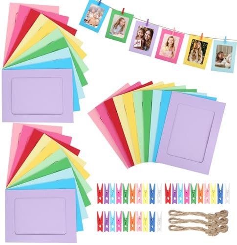 30 Stück Papier Fotorahmen, Bilderrahmen Bunt 11,5*15,5cm in 10 Farben mit Holzklammern Klein & Hanfseil, Kreativer Papier-Bilderrahmen, Bilderrahmen Pappe für Zuhause Schule Büro Wand Dekoration
