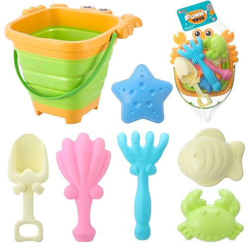 7 Pcs Collapsible Bucket and Spade Beach Kids Beach Toys Sand Bucket Castle Set Tools With Animals Molds and Sand Shovels Mesh Bag For Kids 3-10Years