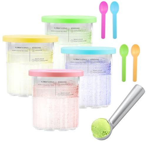Aischens Conteneur de Glace 24 OZ Compatible avec Ninja CREAMi Deluxe NC500 NC501EU Sorbetière, 4 Pots avec Couvercles et Cuillères, Accessoires pour Glace