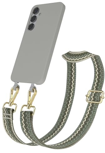 EAZY CASE - Hülle mit Band kompatibel mit Samsung Galaxy S25 Plus Handyhülle für Galaxy S25 Plus Silikonhülle Mikrofaser Handykette zum Umhängen 2in1 Hülle Handykordel Wellen - Grün Beige Metall Gold