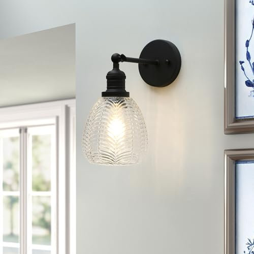 Phansthy E27 Vintage Wandleuchte Wandlampe mit Blätter Muster Glocken klarglas Lampenschirm Wandleuchte Industrielle Wandbeleuchtung für Esszimmer, Wohnzimmer, Restaurant (Schwarz)