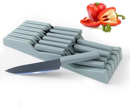 Stainless Steel Knife Block Set, 12 Pieces Kitchen Knife Set with in-Drawer Knife Block, Ultra Sharp Non-Stick Coating Chef Knives Set with 6PCS Steak Knives, Drawer Knife Organizer (Blue)