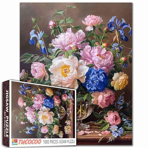 Bunte Pfingstrosen Paeonia-Blumen-Puzzles für Erwachsene, 1000 Teile, Blumen-Puzzles mit Vintage-Vase, klassisches Malpuzzle als Heimdekoration, Vintage-Blume, 1000 Teile Puzzles für Erwachsene