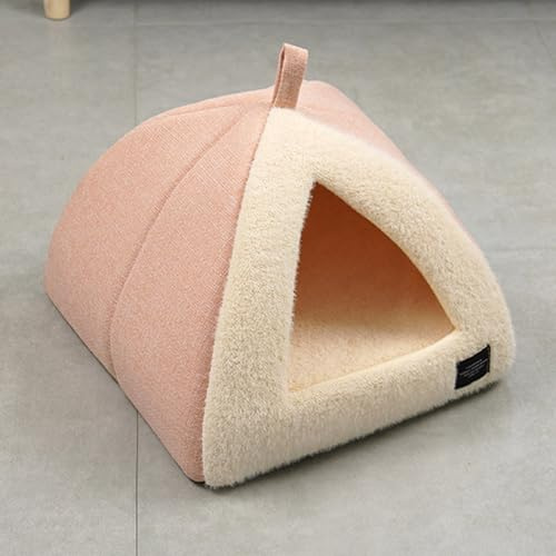 Katzenbett für den Innenbereich, faltbar, dreieckig, Katzenhöhle, Iglu mit abnehmbarem, waschbarem Kissen, Kätzchen-Zelt, Schlafnest für Haustier, Kaninchen, Welpen, Hund (42 x 42 x 36 cm, Hellrosa)