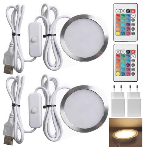 Nzkeuf 2 Set Luce LED Sottopensile Dimmerabile, Tondo ultrasottile Slim LED Sottopensile Cucina Con Interruttore e Telecomando, Spina Standard Europea per Camera da Letto, Armadietto, Libreria