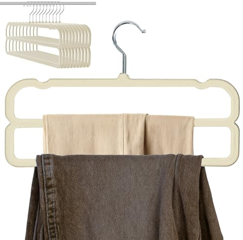 HGYZE Perchas para Pantalones Doble Capa, 10 Perchas de Terciopelo Beige | Cuenta con gancho giratorio 360°, compacto y ahorra espacio, apto para vaqueros, shorts y ropa informal en el armario