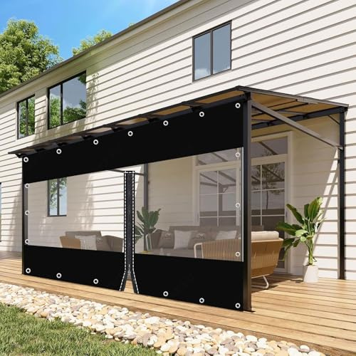 Jolan Cortinas De Lona Alquitranada Impermeables con Cremallera,Pérgola Cenador Porche Paneles Laterales De Lona Transparente Negra,Lona De Plástico PVC De 0,3mm con Ojales,1Zip-3.2×2m(10.5 * 6.6ft)