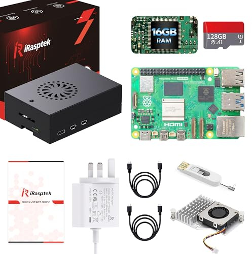 iRasptek Starter Kit for Raspberry Pi 5 RAM 16GB - 128GB Edition of OS-Bookworm Pre-Loaded (Aluminum Case)