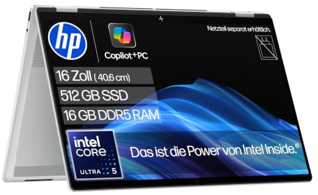 HP OmniBook X Flip Laptop, 16 2K, Intel Core Ultra 5, 16GB RAM, 512GB SSD | Copilot+ 2-in-1 KI Notebook mit Windows 11, wandelbar und mobil für Business und Streaming - ohne Ladegerät, QWERTZ, Silber