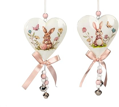 formano Osterhänger Herz mit Hase, 15 cm, 2er Set, Fensterdeko mit Schleife und Glöckchen, Osterschmuck Hängedeko