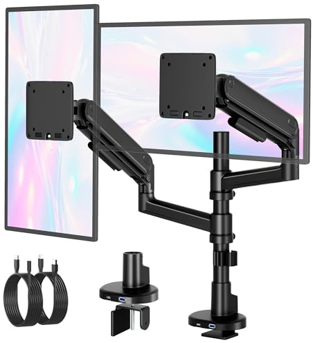monTEK USB Dual Vertical Monitor Arm for 17-40 Screens | USB-A & USB-C ports,Mechanical spring arms supporting up to 12kg per monitor ,Fits 75x75 & 100x100mm VESA,cable management