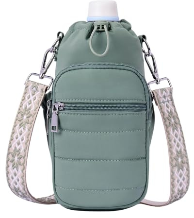 JOAASU Water Bottle Carrier Bag, 1200ml/40oz Insulated Water Bottle Holder with Adjustable Crossbody Strap, Phone Pocket, Card Slots, Key Hook & Side Pockets for Hiking, Walking, Gym & Travel (Green)