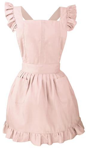 LilMents Retro Adjustable Ruffle Apron Kitchen Cooking Baking Cleaning Maid Costume (Light Peach)