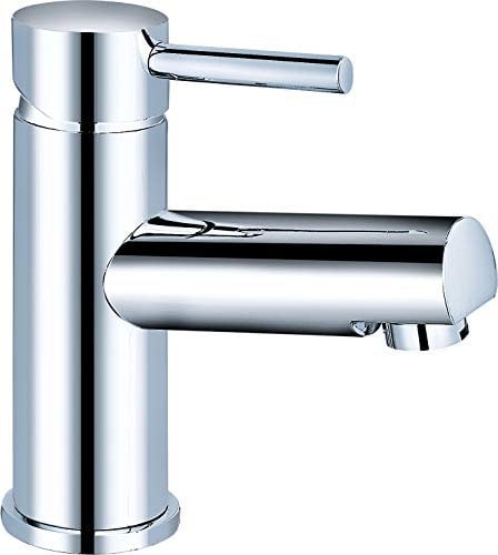 VeeBath Derby Runde Mono-Waschtischarmatur aus Messing mit Federstopfen und Druckknopf, Ablaufgarnitur 1,27 cm (1/2 Zoll) BSP-Armatur und Flexi-Rohren – Chrom