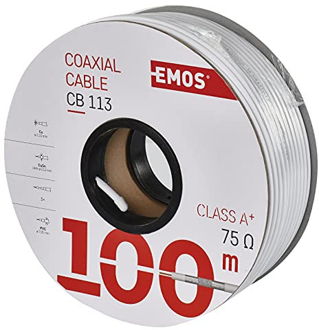 EMOS Antennenkabel 100m weiß, Koaxialkabel CLASS A für SAT, TV und CCTV, Typ CB113, dreifach geschirmtes Fernsehkabel, Satellitenkabel mit Schirmungsmaß 95dB, Widerstand 75 Ohm