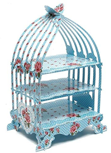 Trimming Shop Birdcage Cupcake Stand Vintage Style 3 - Tier Foldable Cardboard Cupcake Stand Dessert Tower Serving Platter, Wedding, Birthday, Parties, Tea Party Display Holder, Blue
