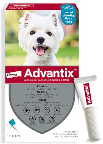 Advantix spot-on antiparassitario per cani da 4kg a 10kg, 1 pipetta. Elimina zecche, pulci, pidocchi e larve di pulce in casa. Protegge da zanzare, pappataci e dal rischio di Leishmaniosi
