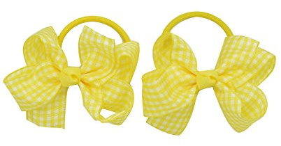 PrettyBoutique Pair of 3 Inches Girls School Gingham Knot Bow Hair Alligator Clips Bobbles Elastics Ties (4mm Bobbles, Yellow)