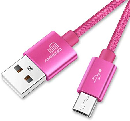 ameego Micro USB Cable, Nylon Braided USB-A to Micro-USB Charging and Data Lead, 6.5ft/2m, Hot Pink