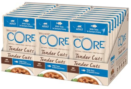 Wellness CORE Tender Cuts, Thunfisch, 24 x 85 g, Premium Nassfutter für ausgewachsene Katzen in Sauce, ohne Zuckerzusatz, getreidefrei, mit hohem Fleischanteil