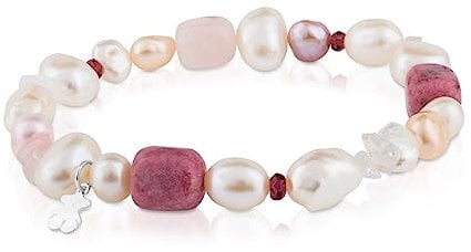 TOUS Pulsera de Perlas, Granate, Rodonita y Cuarzo para Mujer con Motivo de Oso en Plata de Primera Ley, 17,5 cm de Largo, Elegante y Clásica, Colección Pearl