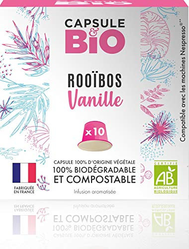 CAPSUL&BIO Rooibos Vanille BIO, Thé Rouge Gourmand Sans Caféine - Compatible avec les machines à Capsules Nespresso - 10 Capsules Biodégradables, 100% Végétales - Fabriqué en France