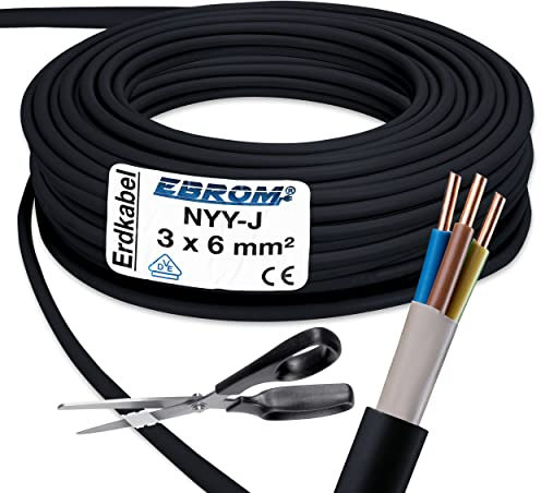 EBROM Cavo ad alta corrente NYY-J 3 x 6 mm² – Cavo di terra – NYY-J 3 x 6 mm² – nero – al metro preciso al metro: scelta in incrementi di 5 metri, a partire da 5 metri – 3 x 6 mm² – Lunghezza 17 metri