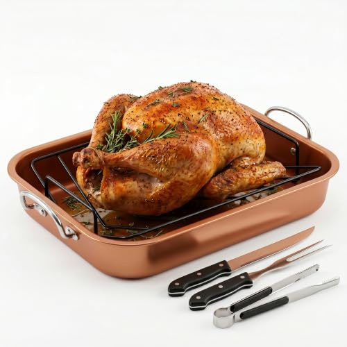 OVENTE Stainless Steel Roasting Pan with V-Shape Rack and Carving Set, 15x11.75 Inch Nonstick Roaster Tray, Oven & Dishwasher Safe Bakeware Dish for Turkey, Roasted Chicken or Beef, Copper CWR24619CO