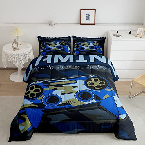 Jungen Gamepad Tröster Set volle Größe Teens Gamer Bettwäsche Set Retro Blau Camouflage Videospiel Controller Tröster für Kinder Jugend Schlafzimmer Dekor Gamer Konsole Action Tasten Bettbezug Set