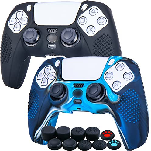 YoRHa Tachonado Silicona Caso Piel Fundas Protectores Cubierta para PS5 Mando x 2 (Camuflaje Rojo + Verde) con Pro los puños Pulgar Thumb gripsx 8