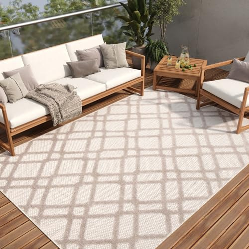 TAPISO Patio Teppich Indoor Outdoor Grau Beige Karo Muster 160 x 220 cm | Robuster Teppich UV-beständig Flachgewebe Sisaloptik Wetterfest Terrasse Wintergarten Balkon OEKO-TEX