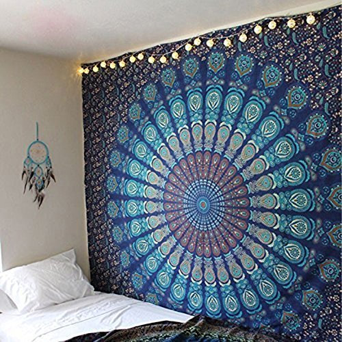 Aakriti Gallery Mandala-Wandteppich, Baumwolle, Wandbehang, Bohemian-Tagesdecke, Boho-Decke/Überwurf für Wohnzimmer, Wohnkultur (Türkis, 92 x 82 cm)