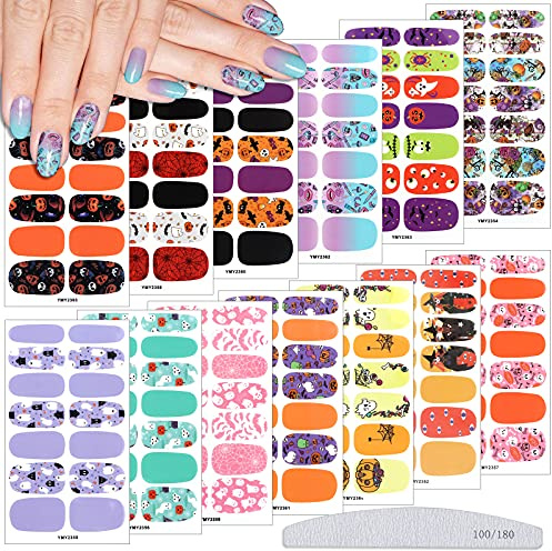 EBANKU Halloween Adesivi Unghie | 13 Fogli 3D Autoadesivo Nail Stickers Autoadesivi Unghie Zucca Teschio Full Cover Decalcomanie e 1 Pezzo di Lima