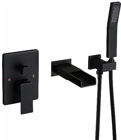 TapLong Robinet de baignoire avec pulvérisateur, poignée unique avec douchette, robinet contemporain à 3 trous (valve rugueuse et kit de garniture inclus), montage mural, noir mat, 00141B