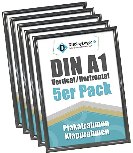 DisplayLager 5'er Sparpack Anthrazitgrau DIN A1 Klapprahmen mit 25mm Aluminium Profil, Entspiegelter Schutzscheibe, Befestigungsmaterial