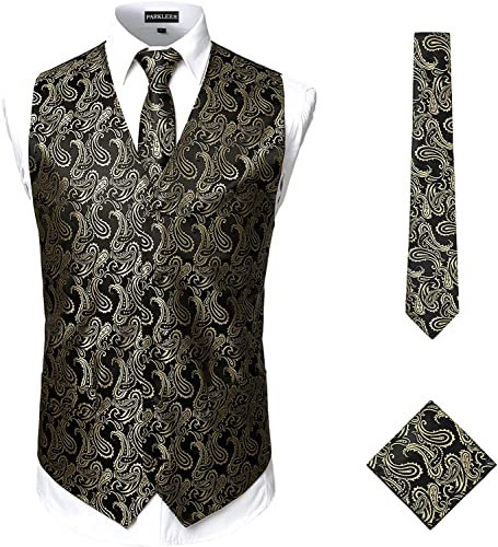 PARKLEES Klassische Herren-Weste, 3-teilig, Paisleymuster, Krawatte, Einstecktuch, Set, Hochzeit, Abschlussball, Party, Weste für Anzug oder Smoking, Goldfarben / Schwarz, XXL
