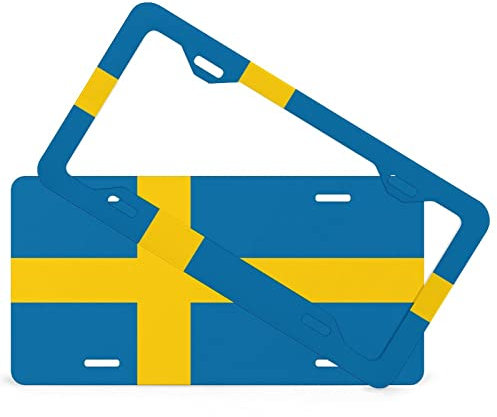 Kennzeichen- & Rahmen-Set Schweden Flagge Kennzeichenrahmen 2er Set, vorne & hinten Kennzeichenhalter mit Befestigungssatz, rostfrei & wetterfest, Made in USA