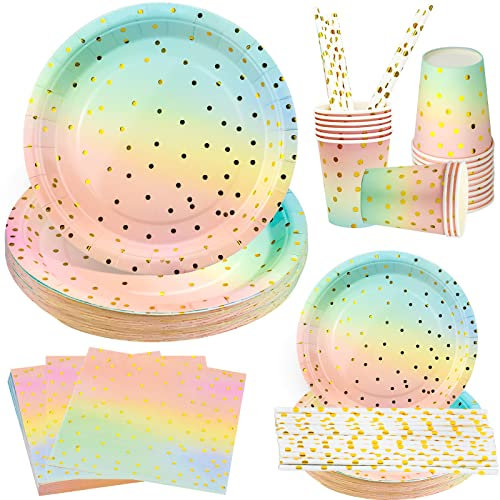 iYinJuan 125 Stück Partygeschirr Set, Partygeschirr Geburtstag Party set mit Pappteller, Pappbecher Strohhalme und Servietten für 25 Gäste, Gold Rosa Pappgeschirr für Kindergeburtstag Geburtstagsfeier