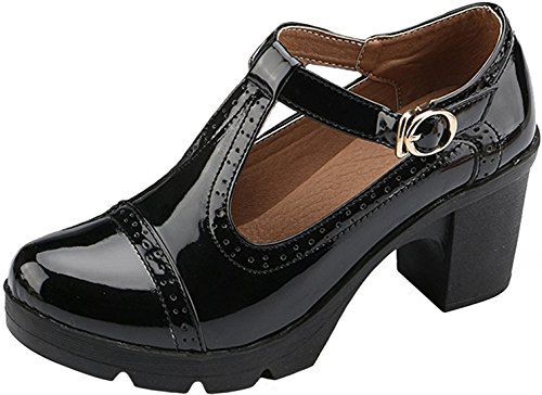PPXID Women's T-Strap Mary Jane Pumps Dress Oxfords Mid Block Heel Platform Court Shoes Patent Black 6 UK